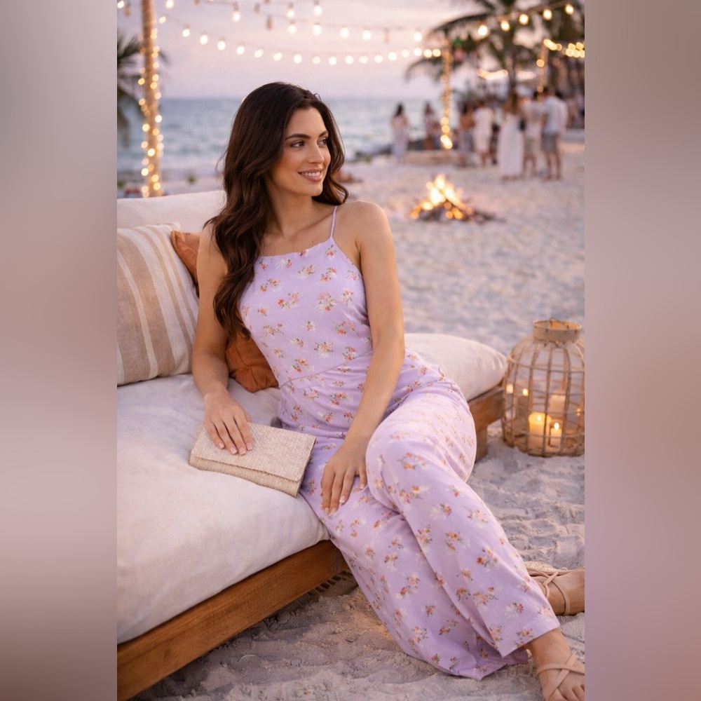 Lavender Floral Wide Leg Jumpsuit NWT Spaghetti Strap Flowy Boho Spring Summer